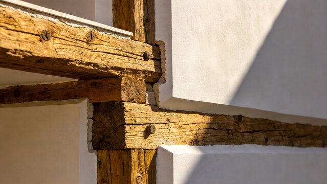 Architectural detail of exposed wooden joists against a plasterboard wall.