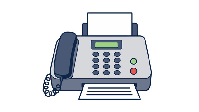 Cartoon fax machine icon with handset and paper sheet