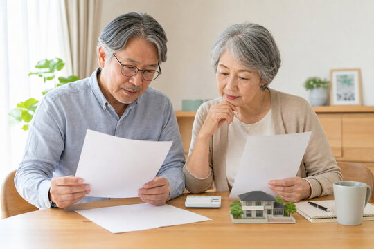 シニア夫婦が住宅ローン書類を見る