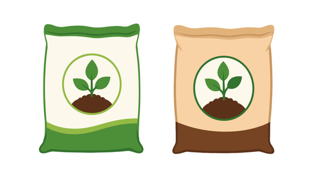 Two fertilizer bags with plant and soil label vector illustration