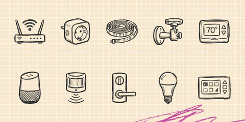 Hand drawn vintage black ink scribble doodle vector set of home interior furniture space astronomy medical and beach items © Broke Stoke