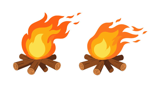 Cartoon campfire flames with burning logs isolated on white