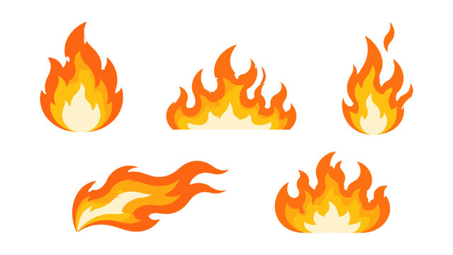 Cartoon flame set with isolated fire icons on white background