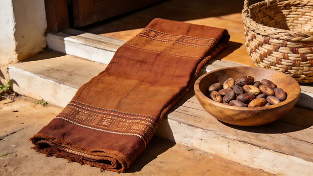 Mud cloth fabric with shea nuts and woven basket, West African craft and natural decor.