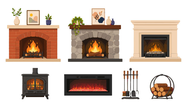 Set of fireplace and wood stove vector home heating icons