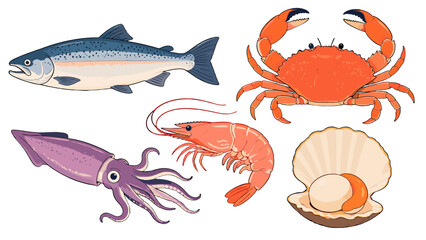 Seafood animal set with fish crab squid shrimp and scallop © Mark