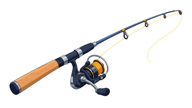 Cartoon fishing rod with spinning reel isolated on white