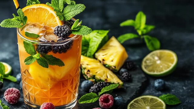 selective focus vibrant fruit punch with citrus pineapple and berries in iced glass
