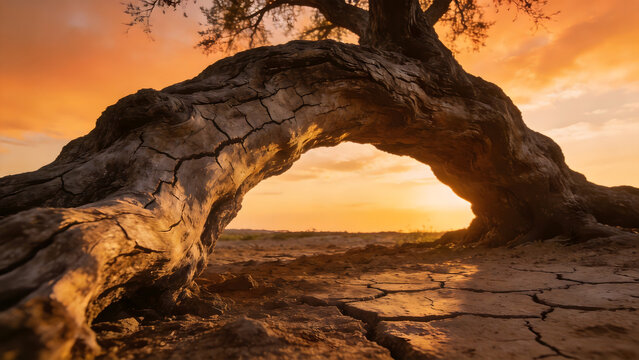 An old gnarled tree with cracked bark bending over parched earth.