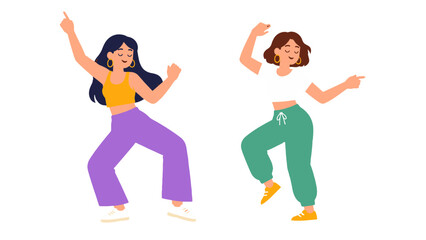 Obraz premium Flat vector illustration set of two women dancing