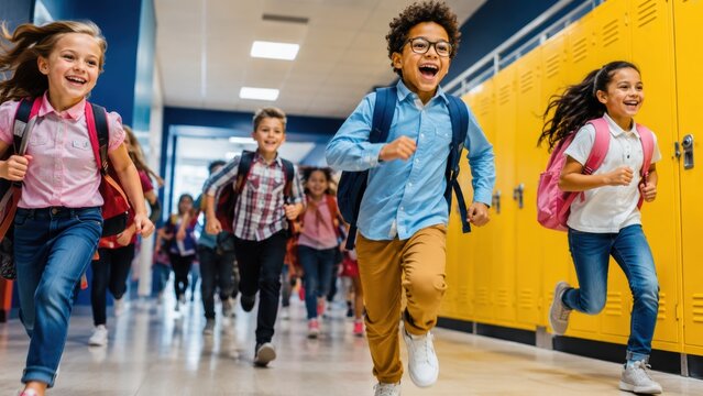 Cheerful diverse children wearing backpacks run through a bright school hallway, capturing excitement, friendship and the return to class