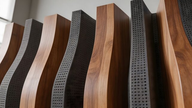 Photorealistic parametric architectural wall with walnut wood and acoustic foam