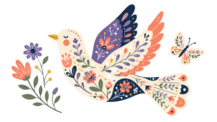 Hand drawn folk art bird with floral patterns and butterfly © Mark