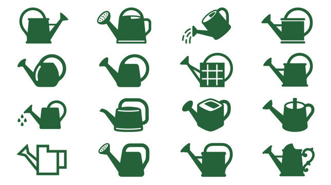 Various green watering cans icons are shown on a white background