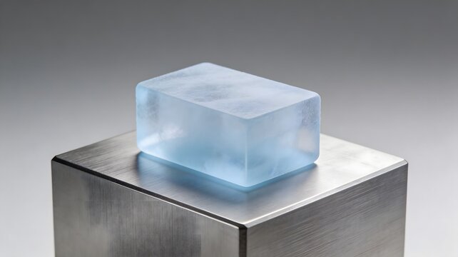 Photorealistic translucent aerogel block on brushed titanium metal base