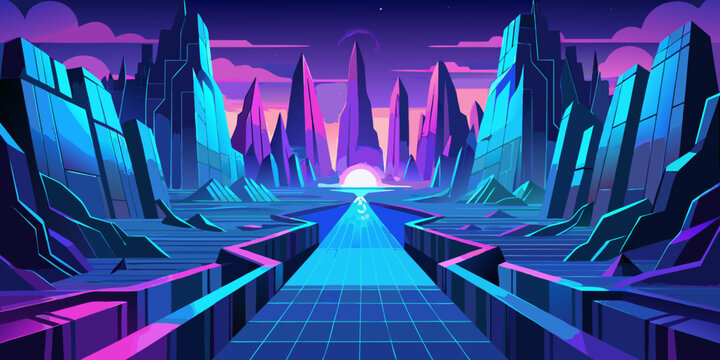Futuristic synthwave mountains and digital grid path, vector