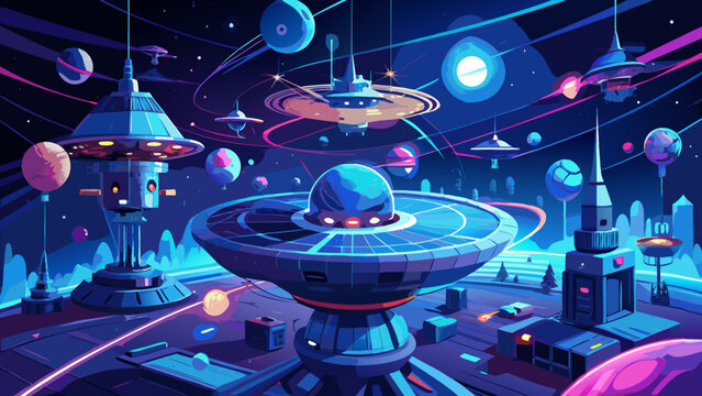 Futuristic space station colony in outer space, vector