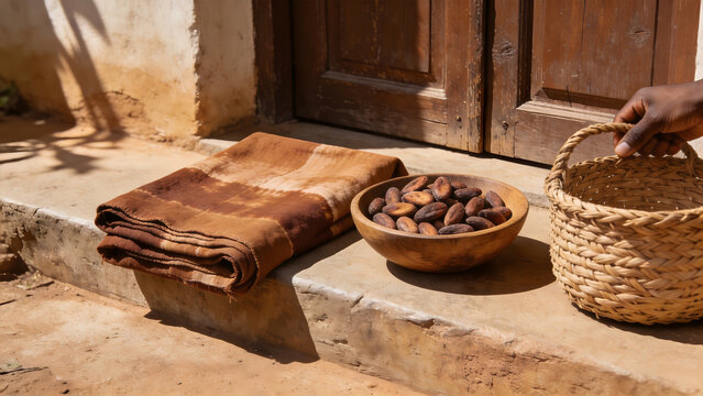 Mud cloth fabric with shea nuts and woven basket, West African craft and natural decor.