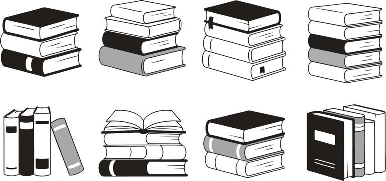 Set of hand drawn book stacks and standing books icons featuring sketch-style literature elements, educational resources, library collections, and reading concepts in a charming vector illustration de