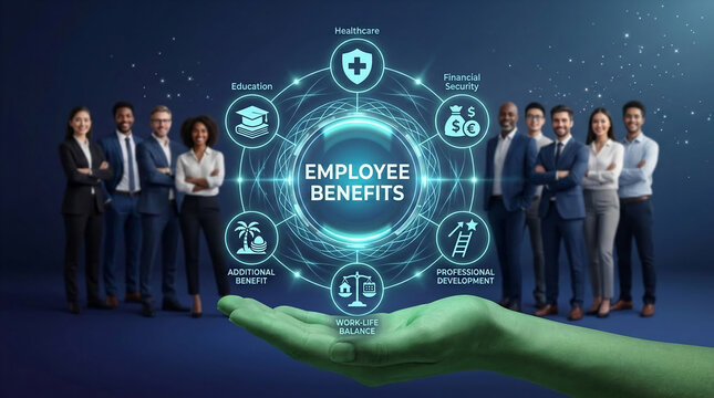 A digital visualization of employee benefits, with icons for healthcare, financial security, education, and work-life balance, presented as a concept of business support and growth.