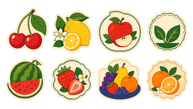 Vintage fruit label stickers with cherries, lemon, apple and berries