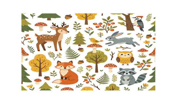 Cute autumn woodland animals seamless pattern vector illustration featuring cartoon forest creatures deer fox raccoon on white background