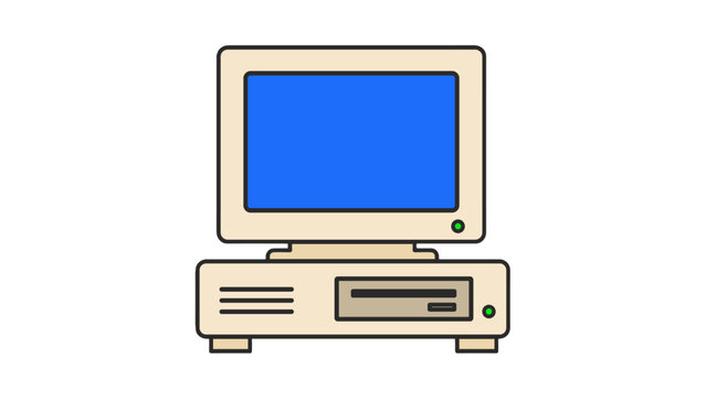 Retro desktop computer vector illustration with blue screen