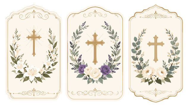 Vintage memorial card set with floral wreaths and gold crosses
