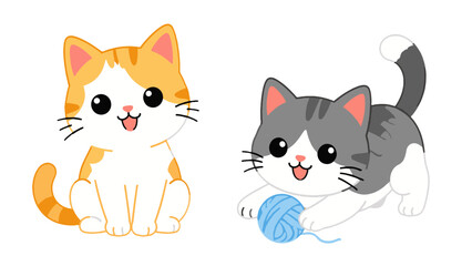 Fototapeta premium Cute cartoon kittens in playful poses with yarn ball