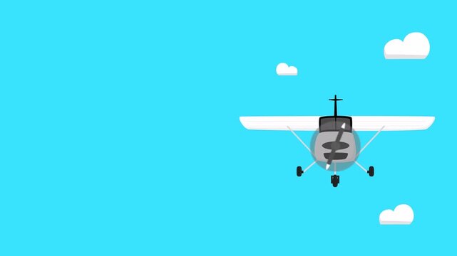 looping background video, front view of a dragonfly plane flying with cloud effects moving away from the camera, there is empty space on the left to put text