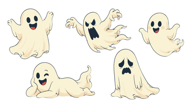 Set of cute and spooky cartoon ghost characters isolated