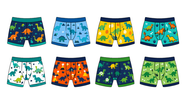 Set of cartoon boxer shorts with colorful dinosaur patterns