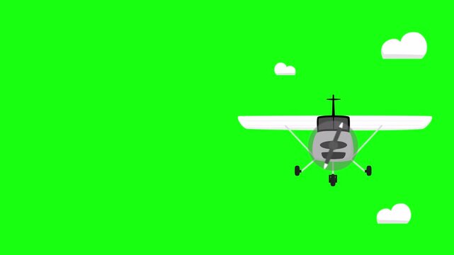 looping video, front view of a dragonfly plane flying with cloud effects moving away from the camera, there is empty space on the left to put text on green screen
