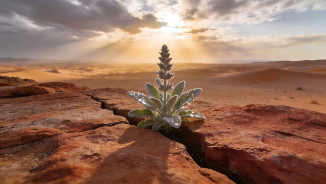 Resilient sagebrush plant growing from a crack in red sandstone under a desert sky.