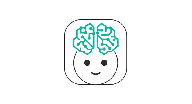 A smiling face with a brain icon, representing intelligence and knowledge on a white background