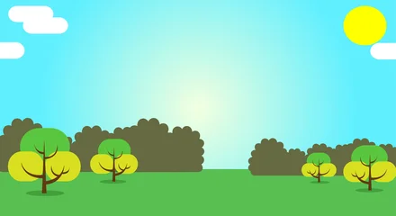 Fototapeten Türkis Cartoonish landscape with flat trees and blue sky with sun and clouds, simple nature background.  © Design6300