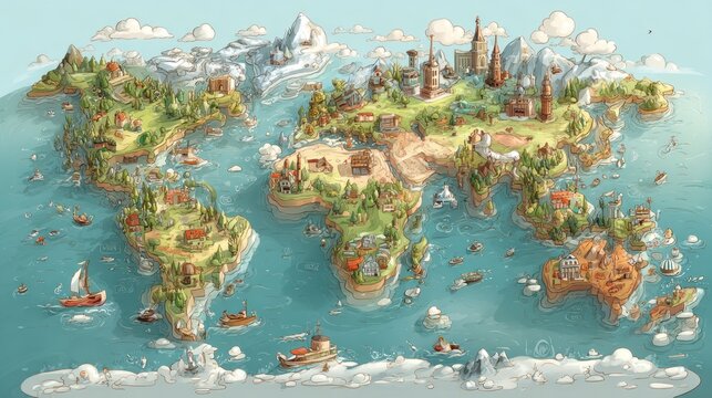 Whimsical world map illustration depicting stylized continents with varied landscapes, settlements, and sailing vessels; a charming blend of fantasy and cartography