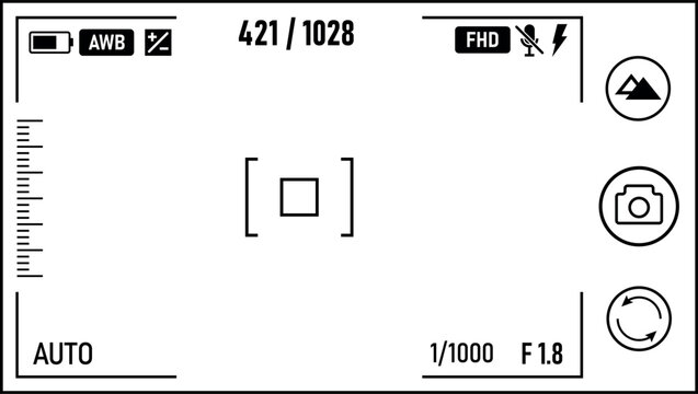 A modern digital camera screen with settings icons, a focus frame, and shooting mode buttons.