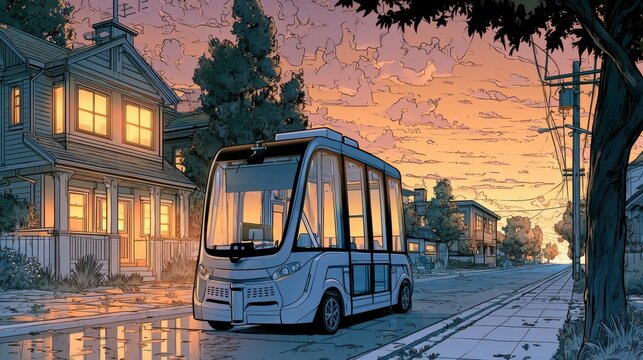 Futuristic autonomous electric shuttle parked on a quiet suburban street at sunset