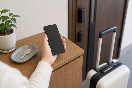 黒いスマホと鍵を置いた玄関棚