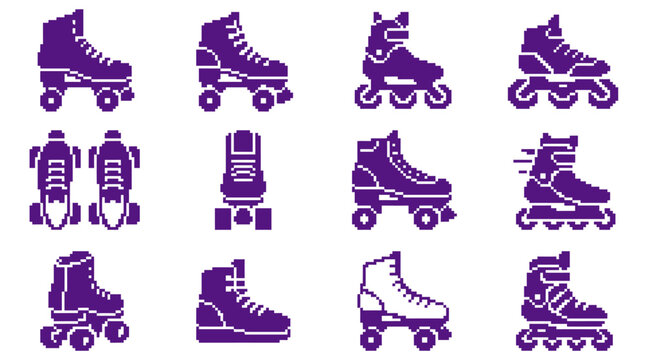 The illustration showcases various roller skates and rollerblades in different styles.