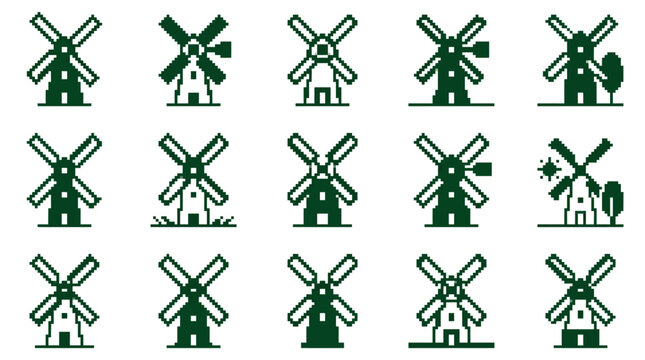 The image showcases various green windmill illustrations on a white background.