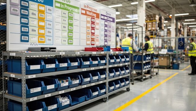 Medium shot of a lean manufacturing kanban zone featuring colorful visual boards and neatly labeled bins organized for efficient workflow management.