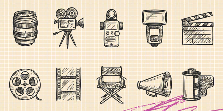 Hand drawn vintage black ink scribble doodle vector set of laundry clothes gym fitness domestic pets houseplants and computer IT