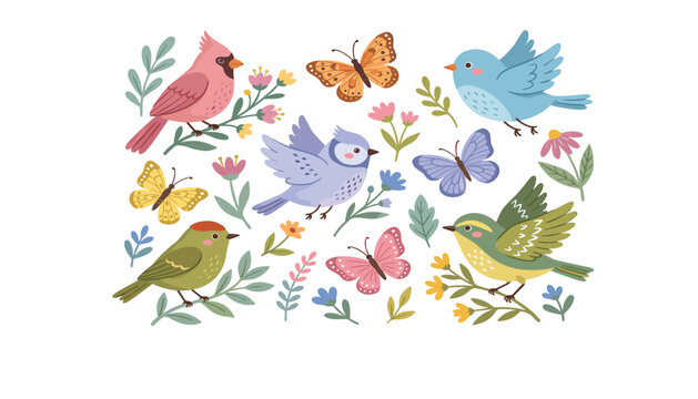 Cute spring birds and butterflies vector illustration set featuring colorful cartoon songbirds flying and perched isolated on white background