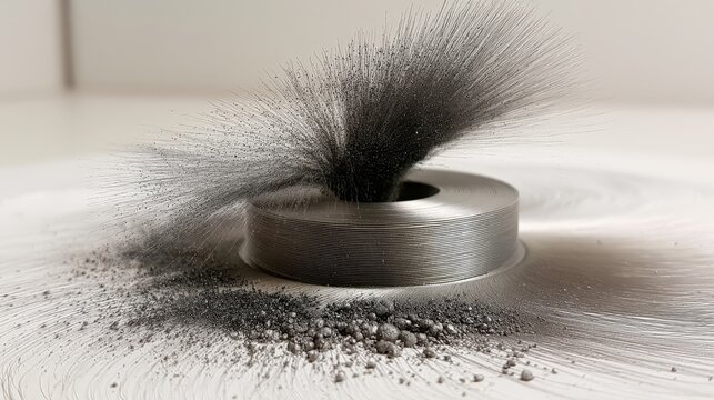 Magnetic field demonstration with iron filings isolated on white background