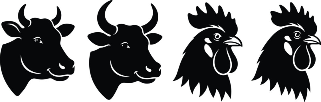 Farm animal head silhouette vector icon set including cow, bull, and rooster isolated on white background for butcher shop and poultry logo design