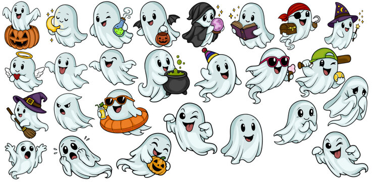 Adorable Vector Ghost Characters Set: Halloween Fun Illustrations