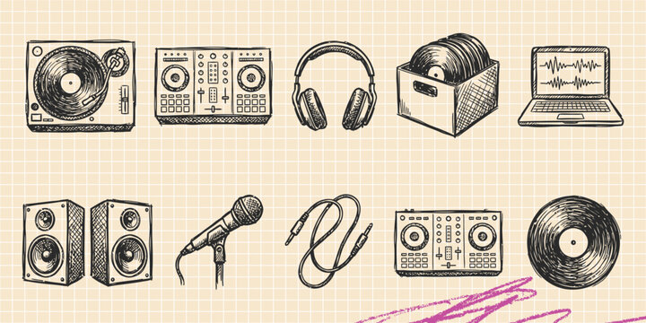 Hand drawn vintage black ink scribble doodle vector set of laundry clothes gym fitness domestic pets houseplants and computer IT