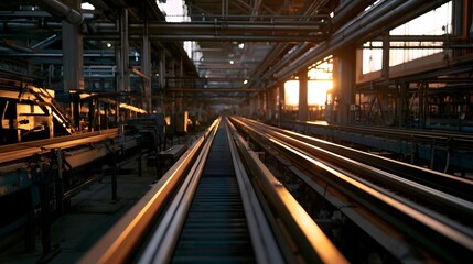 Obraz premium A massive industrial production facility featuring conveyor belts bathed in a warm golden light